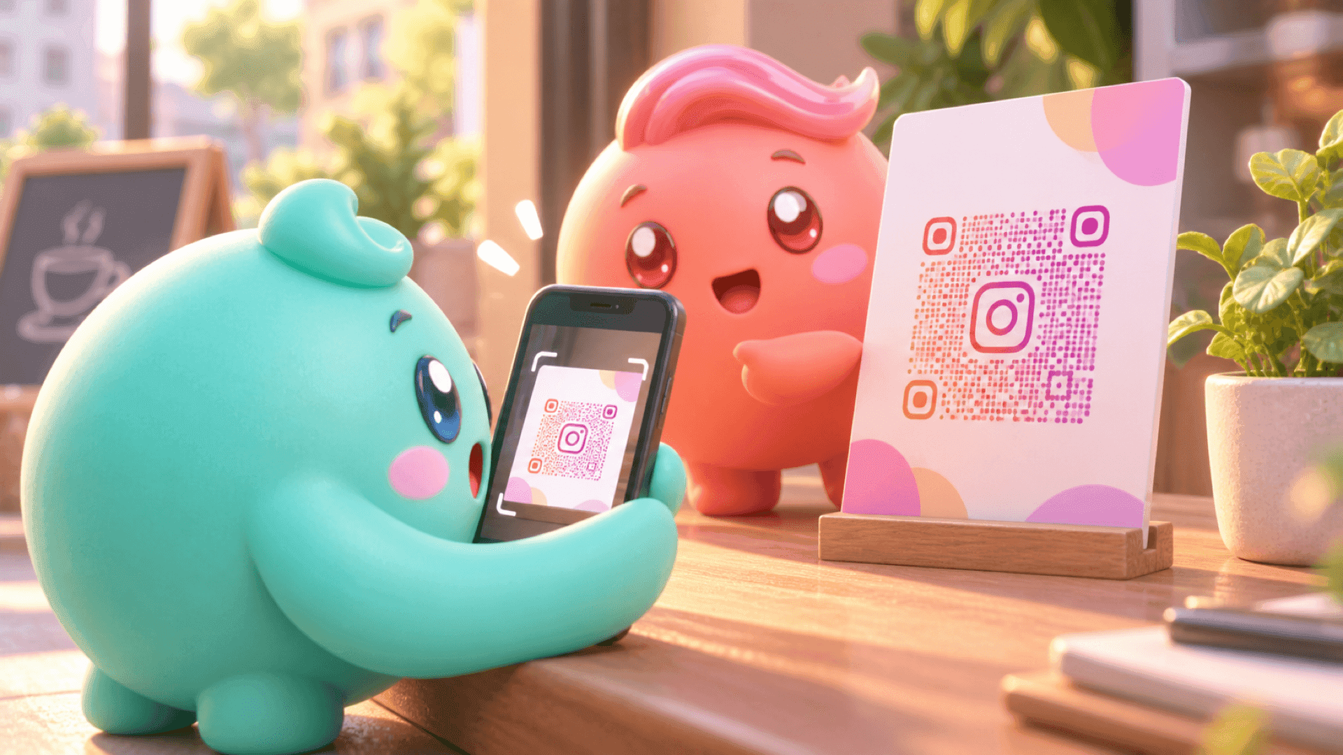 Mint Mochi scans a QR-code card while a coral Mochi welcomes them at a sunlit café.