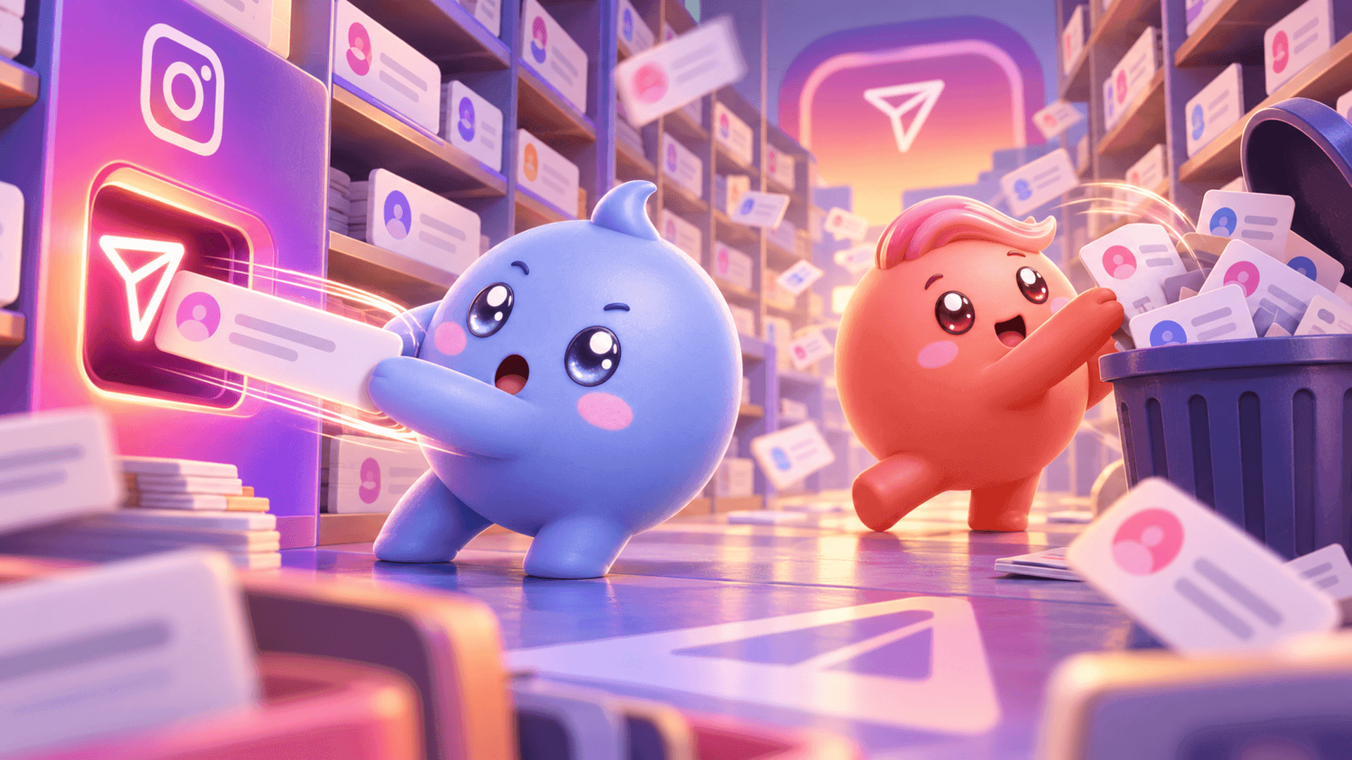 Two Mochi mascots sorting Instagram message cards while one retracts a sent message and another clears an overflowing inbox.