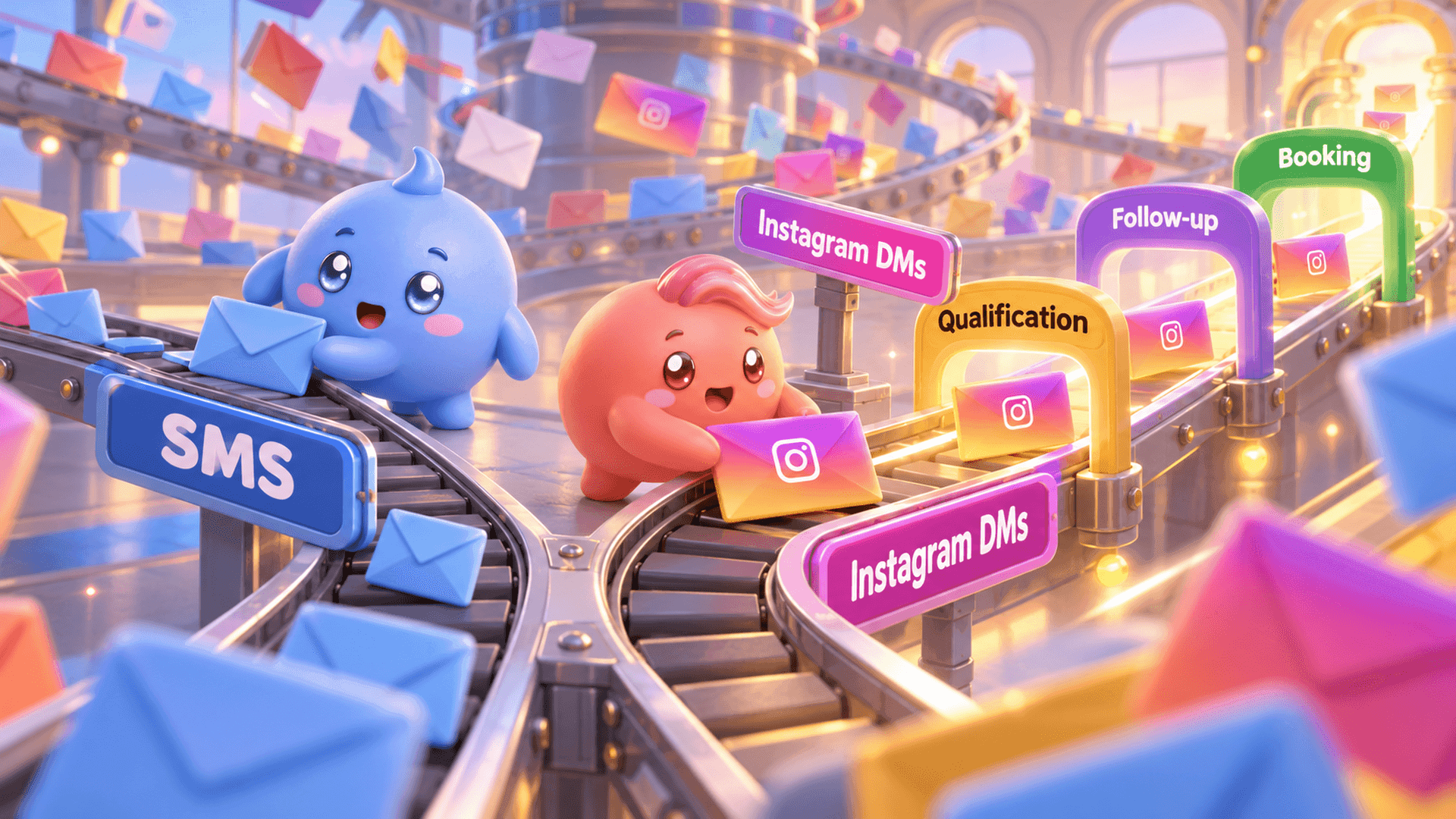 Two Mochi mascots sorting SMS and Instagram DM envelopes before guiding an Instagram message through qualification, follow-up and booking checkpoints.