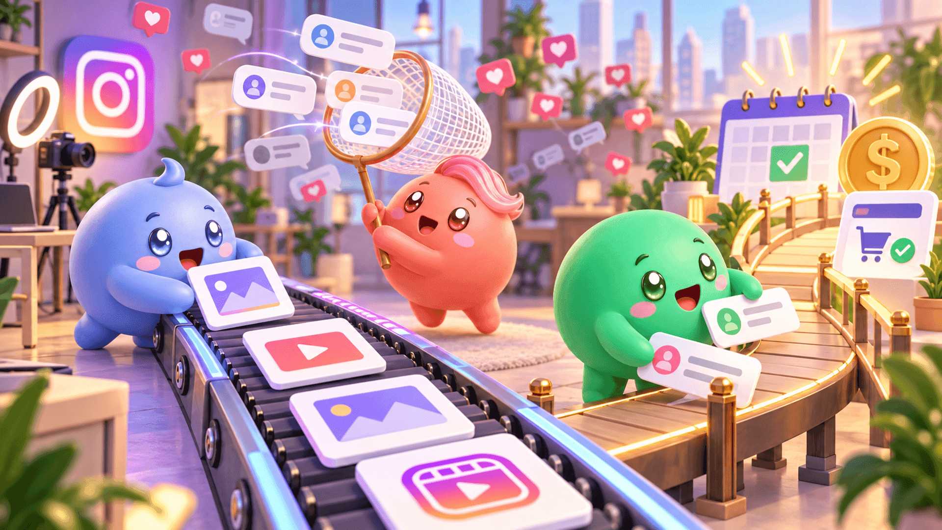 Three Mochi mascots turn Instagram content and incoming messages into organized paths leading to booked calls and sales.