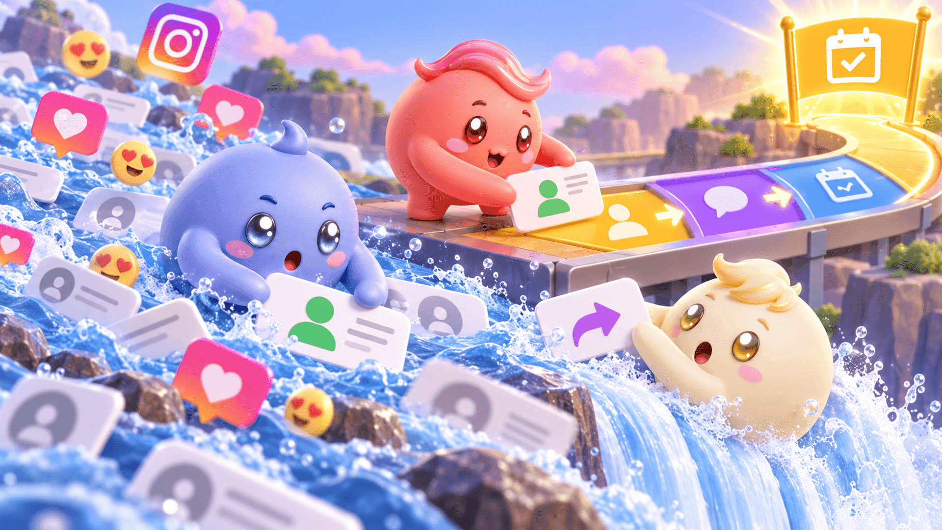 Three Mochi mascots rescue qualified leads and follow-ups from a rushing stream of Instagram messages and organize them on a path toward a booked call.