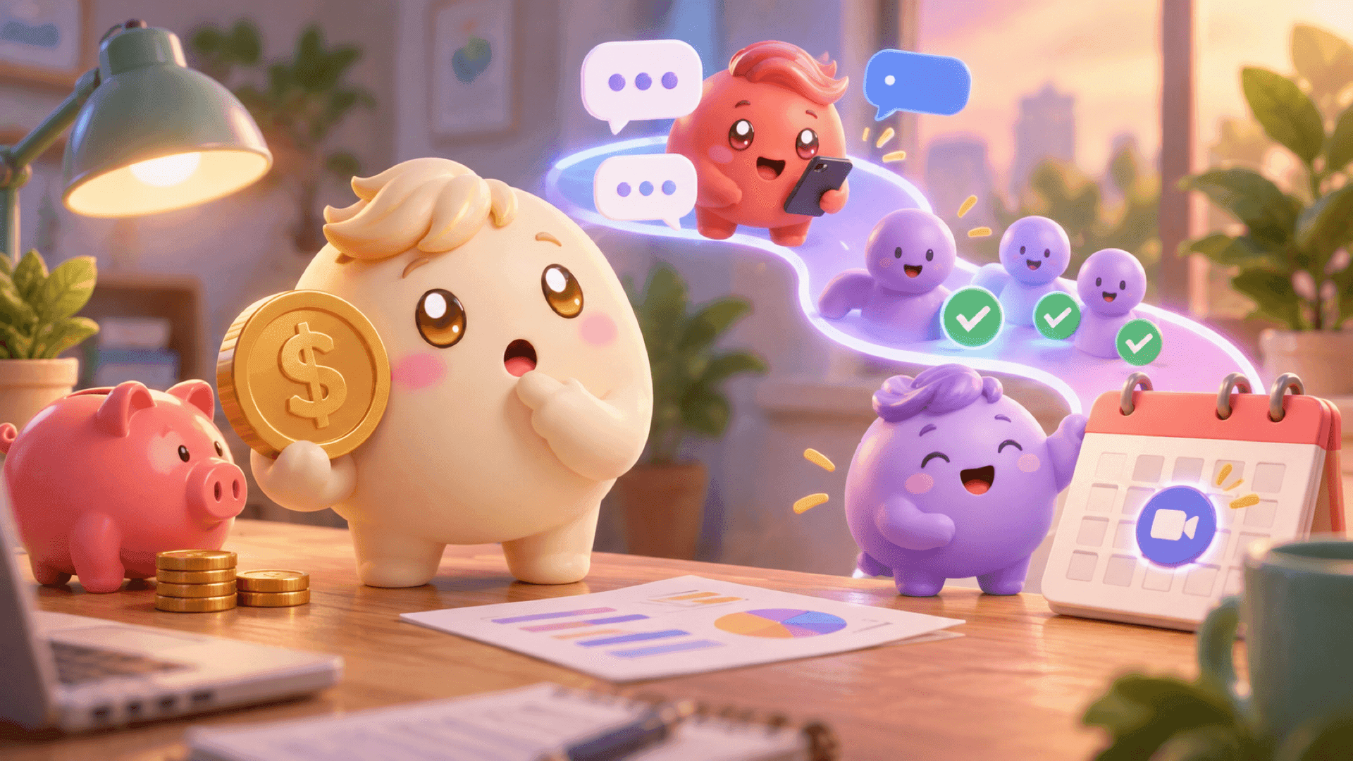A cream Mochi weighs a coin beside a piggy bank as other mascots illustrate messages and booked calls in a sunlit workspace.