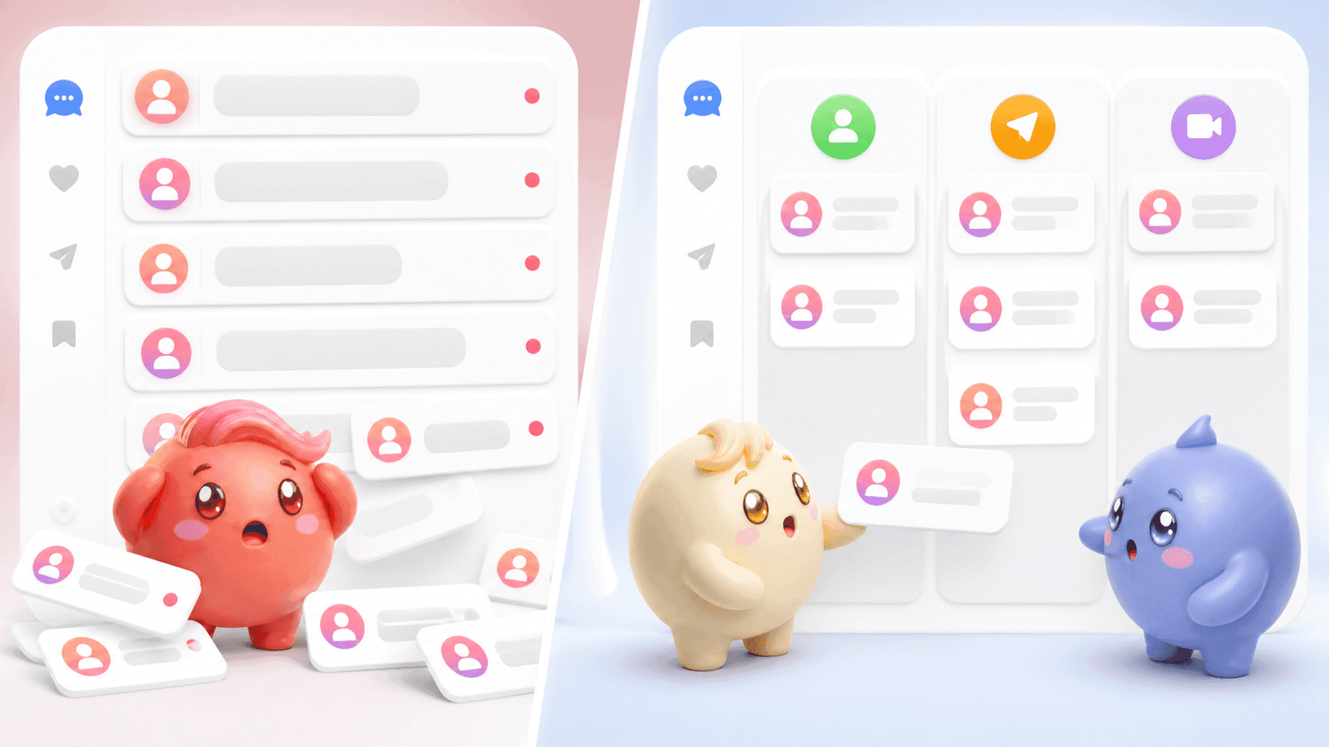 Comparison between a cluttered Instagram inbox and an organized sales pipeline