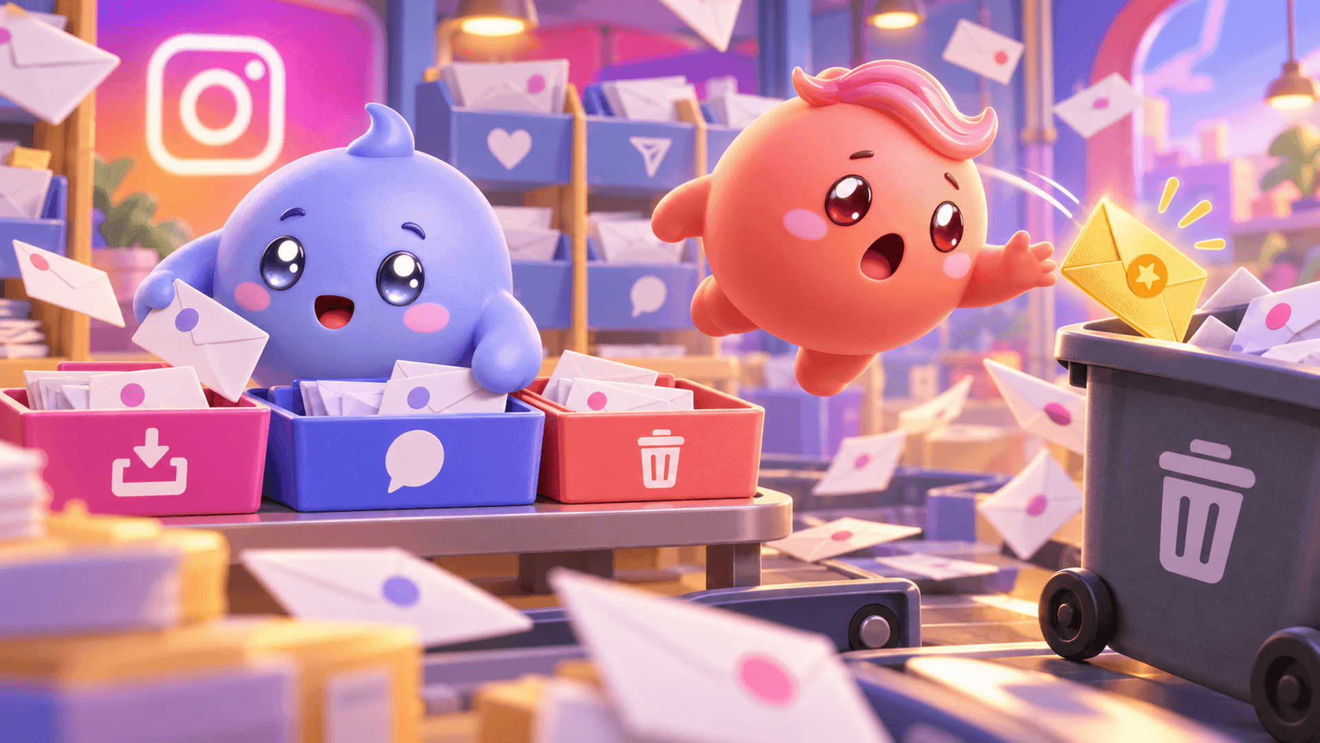 Two Mochi mascots sorting Instagram message envelopes while saving an important lead from a rolling trash bin.
