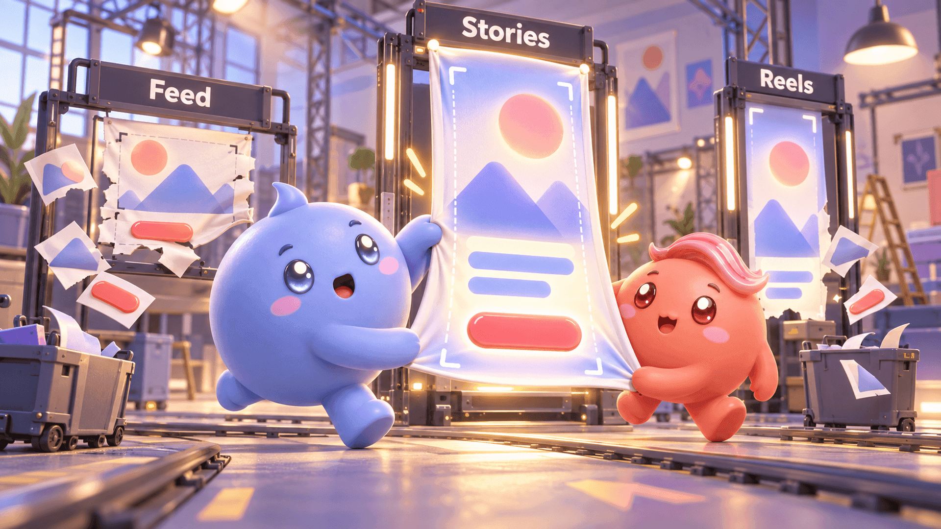 Two Mochi mascots adapt one Instagram ad design for Feed, Stories and Reels while keeping the main message inside a safe central area.