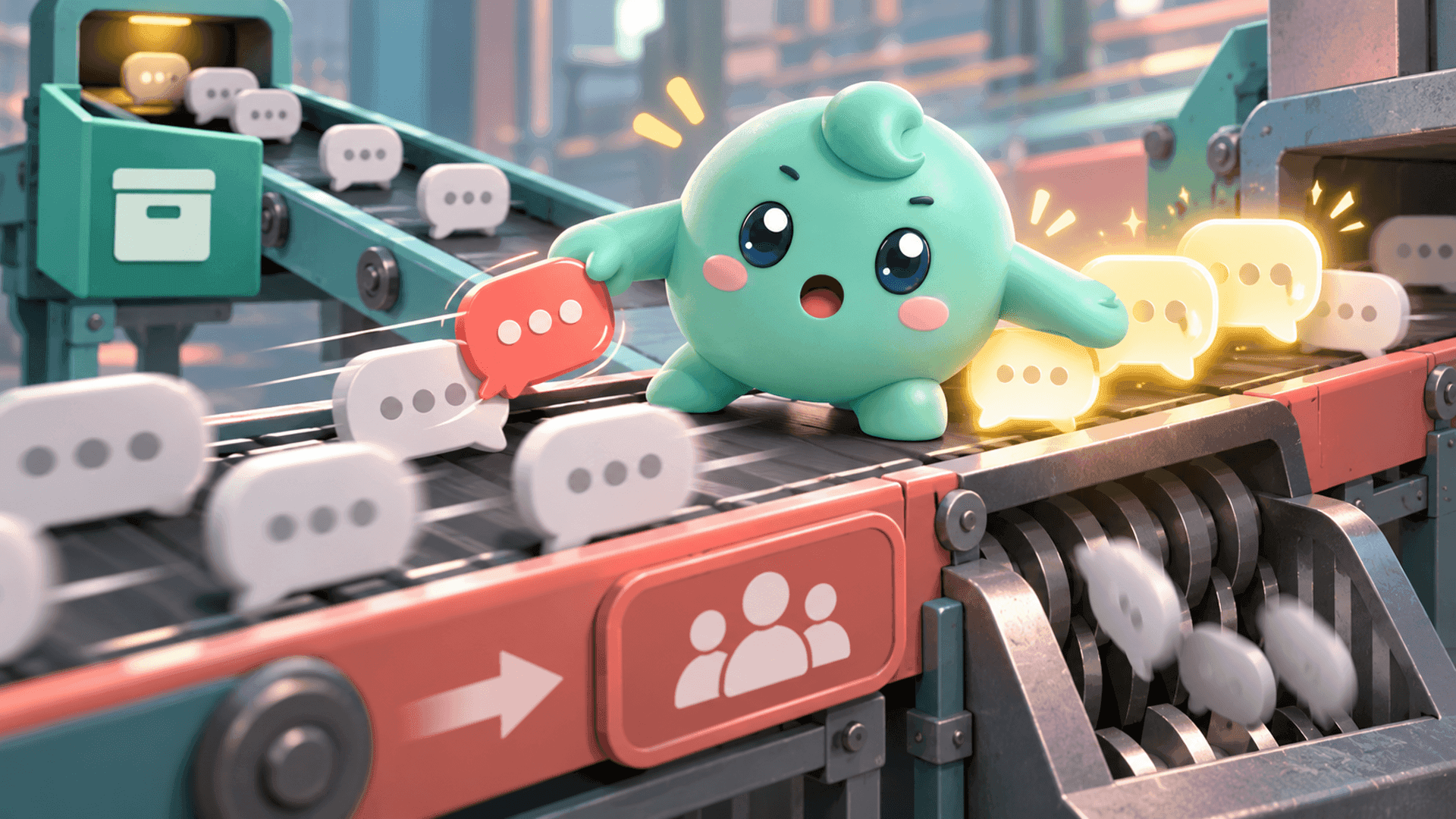 A Mochi mascot removes one message from a shared conversation conveyor belt while protecting valuable lead messages from a shredder.