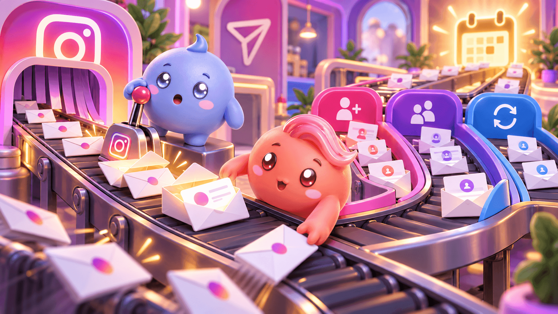 Two Mochi mascots guide Instagram message envelopes from an automated trigger into organized paths for new leads, qualified conversations and follow-ups.