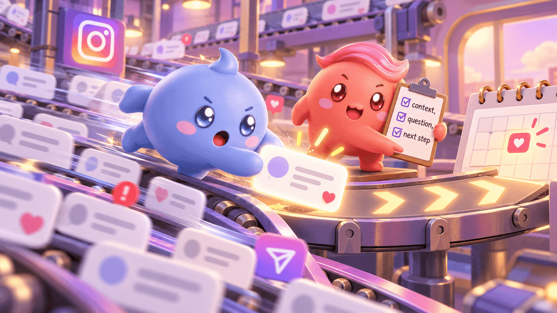 Two Mochi mascots rescue an important Instagram conversation from a rush of new messages and guide it toward a calendar using a reply checklist.