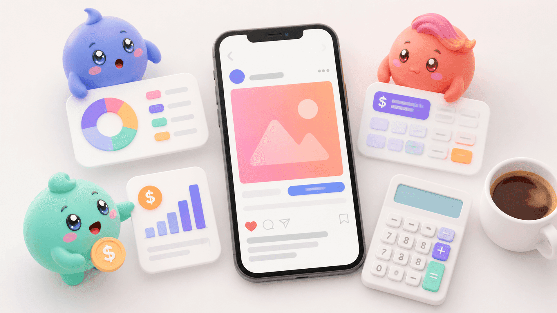 A clean, modern flat-lay of a smartphone showing an Instagram ad, a calculator, and a small coffee cup. The mood is honest and practical, not flashy.
