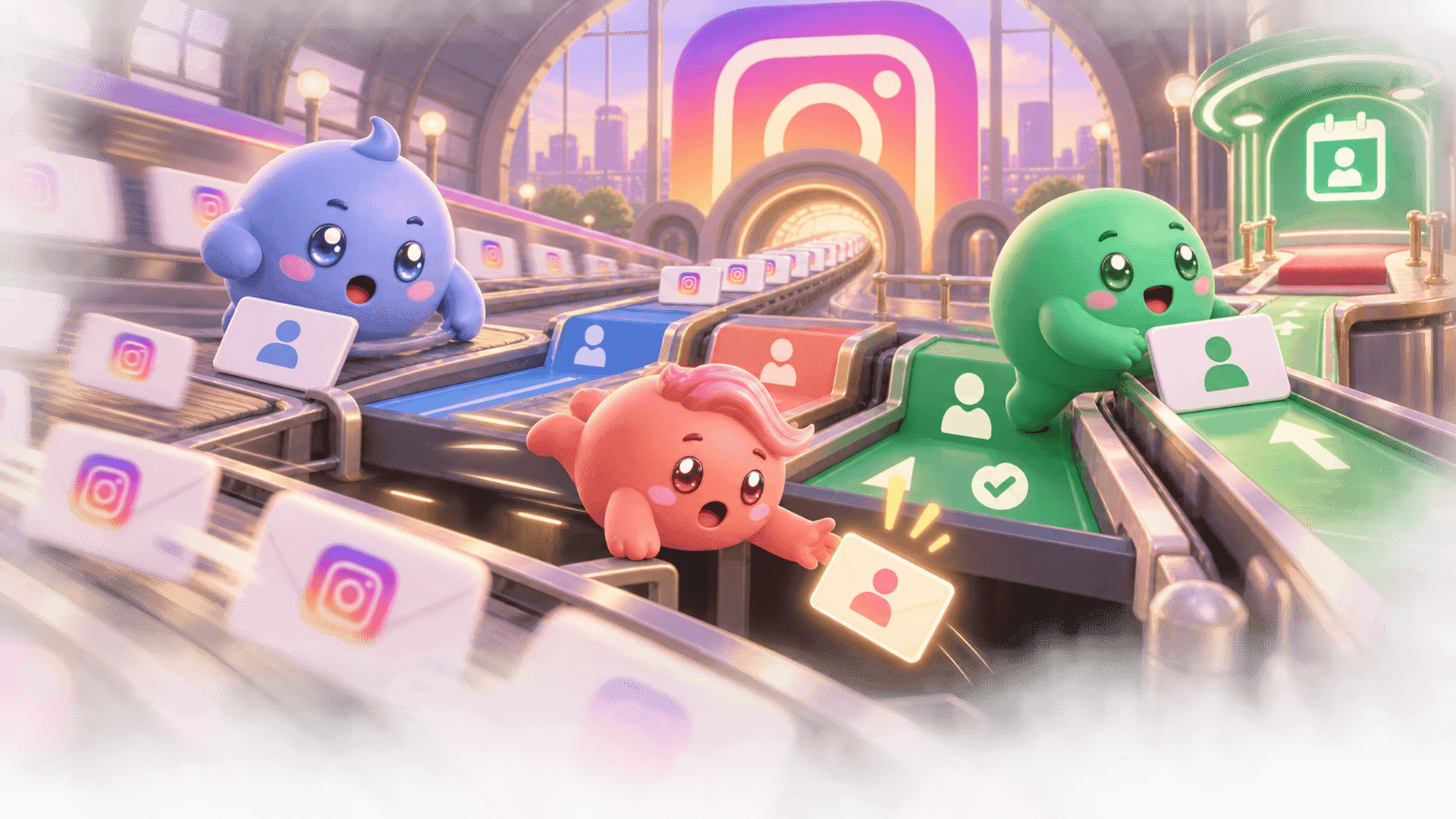 Three Mochi mascots organize rushing Instagram messages into sales stages, rescue a missed follow-up, and guide a qualified lead toward a booked call.