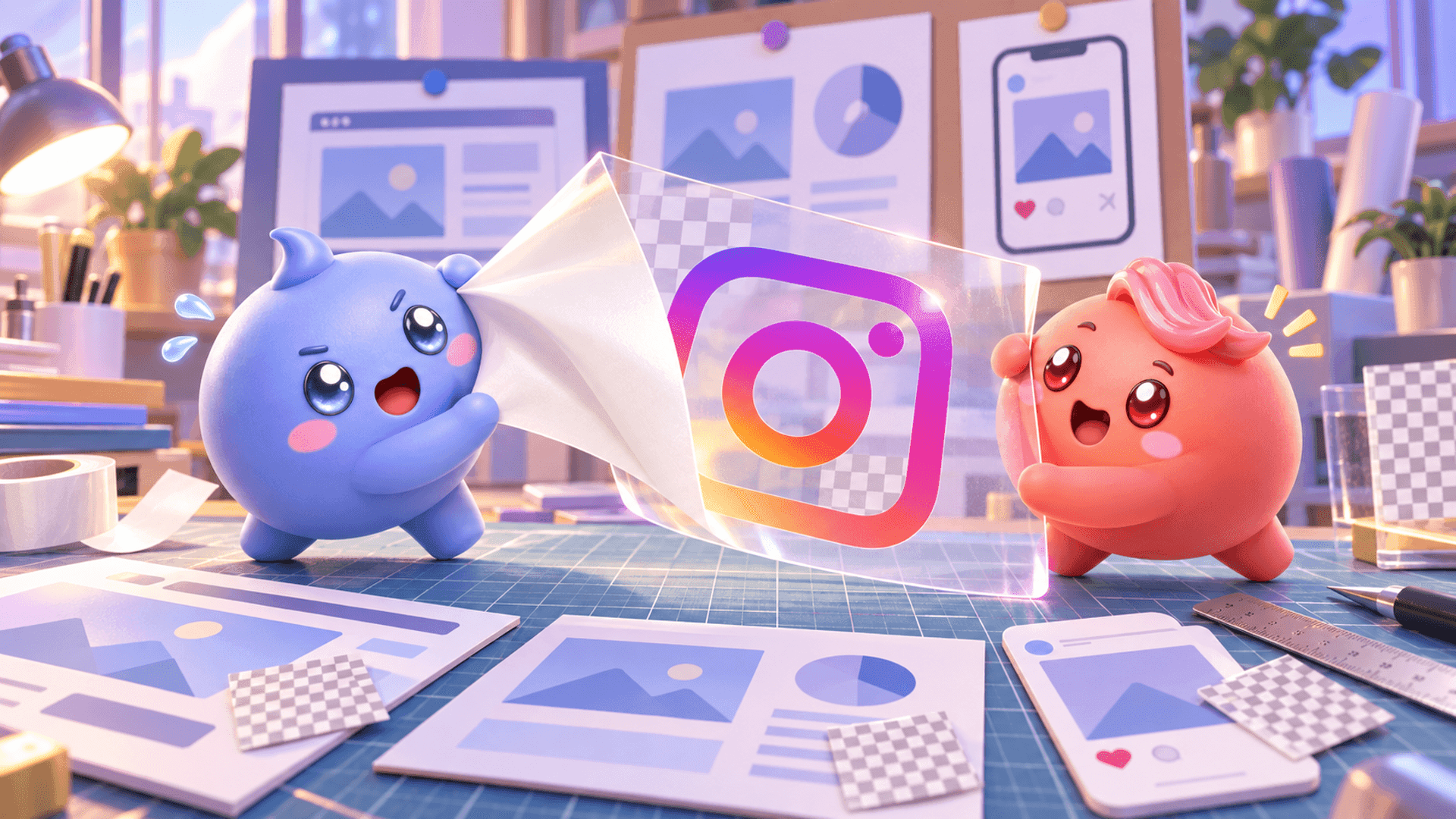 Two Mochi mascots prepare a transparent Instagram-style logo for use across website, presentation and social media layouts.