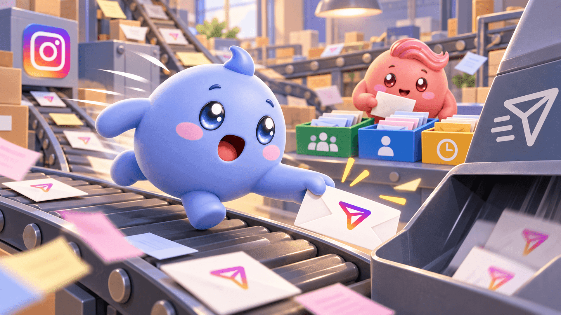 A Mochi mascot catches an outgoing message envelope while another organizes Instagram conversations into labeled trays.