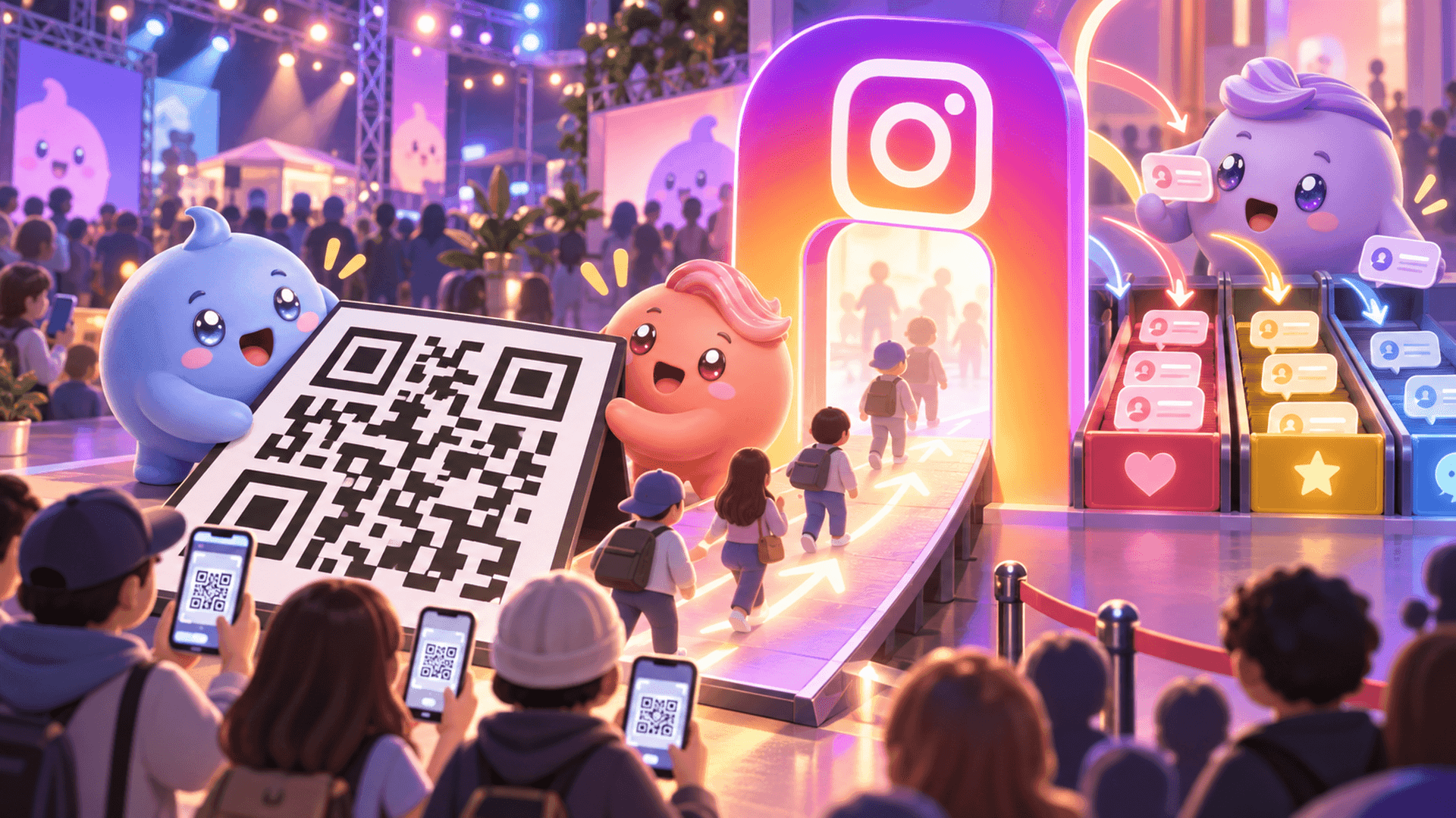 Mochi mascots guide people from a QR-code sign through an Instagram profile doorway and organize the resulting DM conversations into priority lanes.