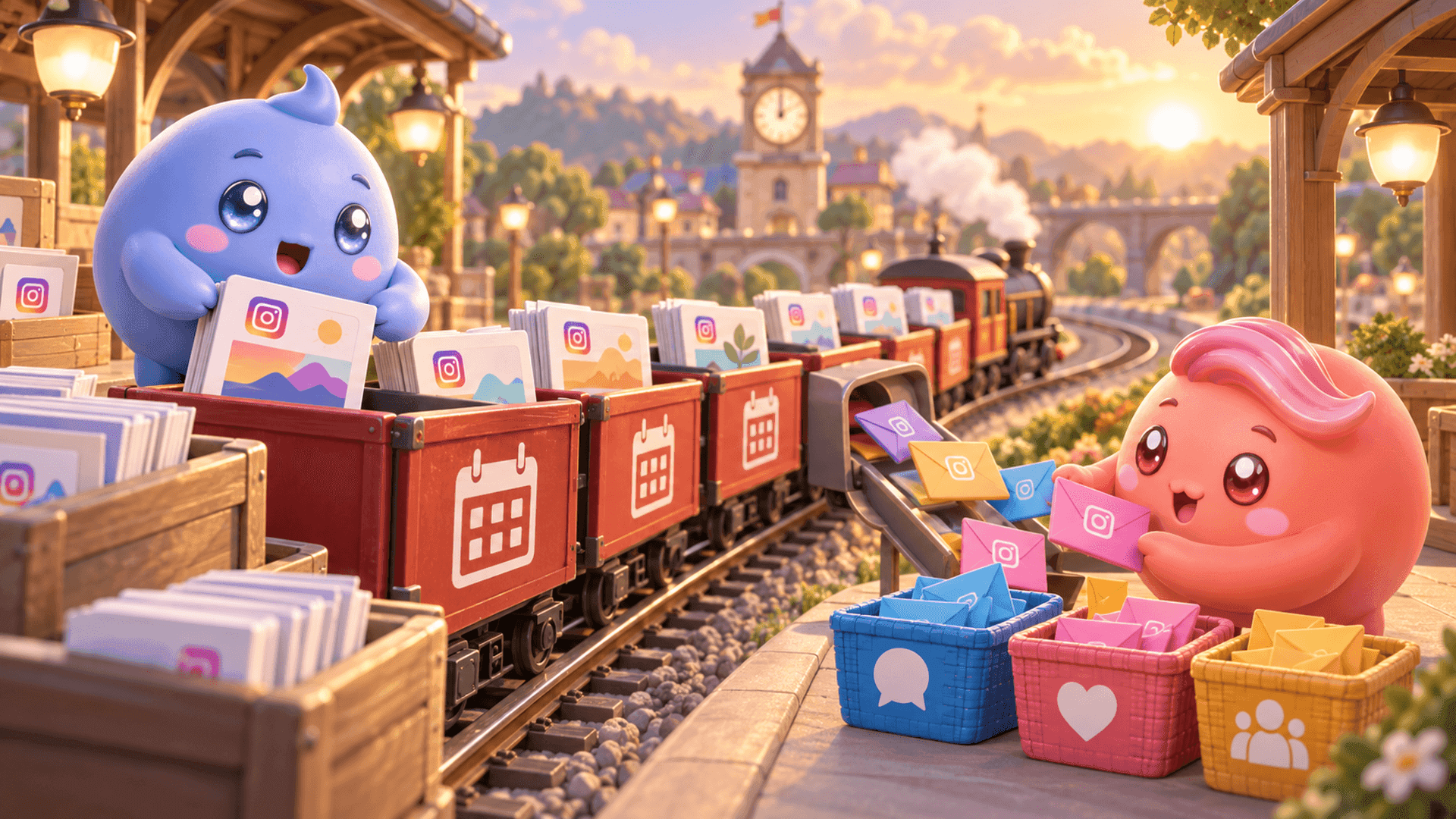 Two Mochi mascots schedule Instagram post cards on a calendar railway and organize the incoming DM envelopes created by the published content.
