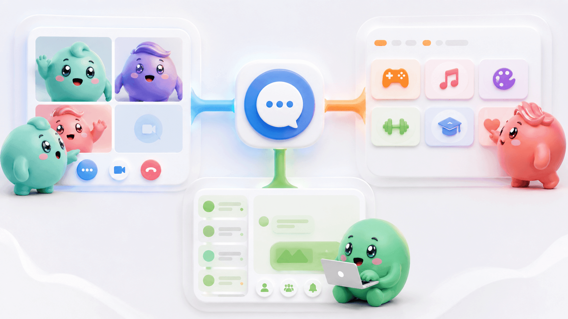 Three paths representing random video chat, online communities, and organized business messaging