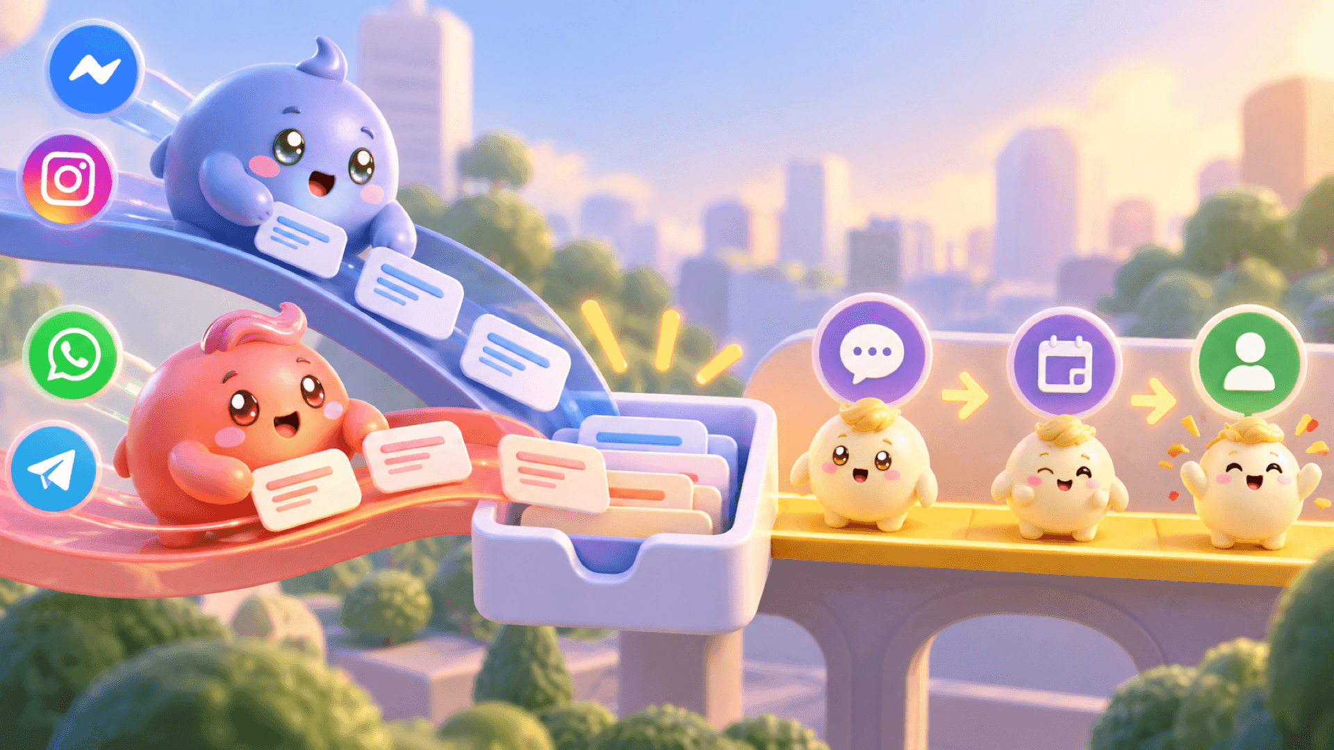 Blue and coral Mochi mascots guide message streams into a shared inbox above a city, with a path toward conversations and booked calls.