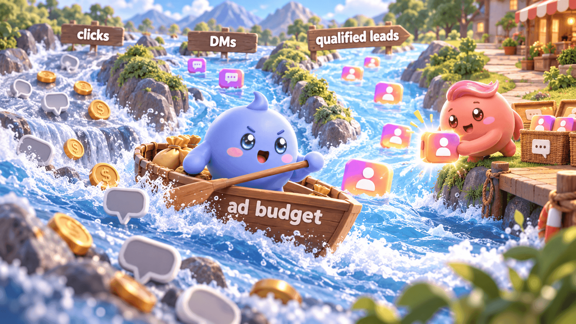 Two Mochi mascots guide an ad budget through a busy auction river, directing valuable Instagram leads toward organized conversations instead of losing them downstream.