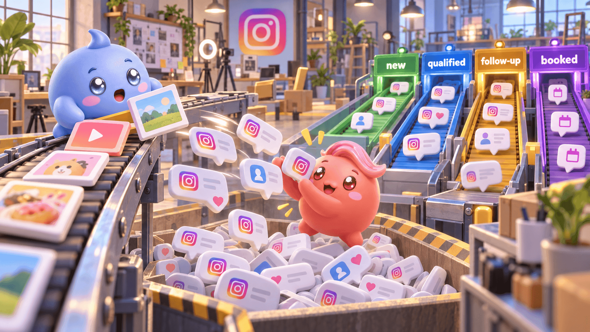 Two Mochi mascots turn published content and a flood of Instagram messages into organized lead stages inside a busy creator workshop.